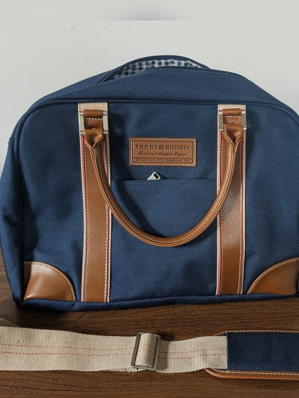 Tommy Hilfiger Navy and Tan Weekender with Leather Trim